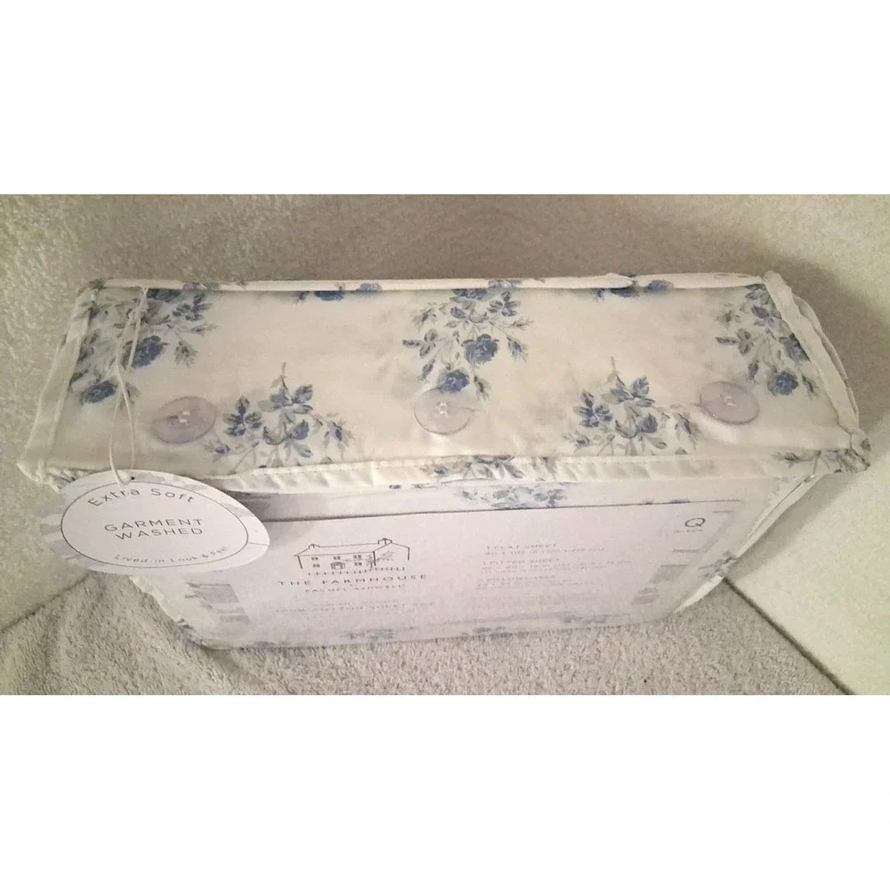 NIP The Farmhouse Rachel Ashwell Queen Cotton 4 Pc Sheet Set Blue Gray Floral